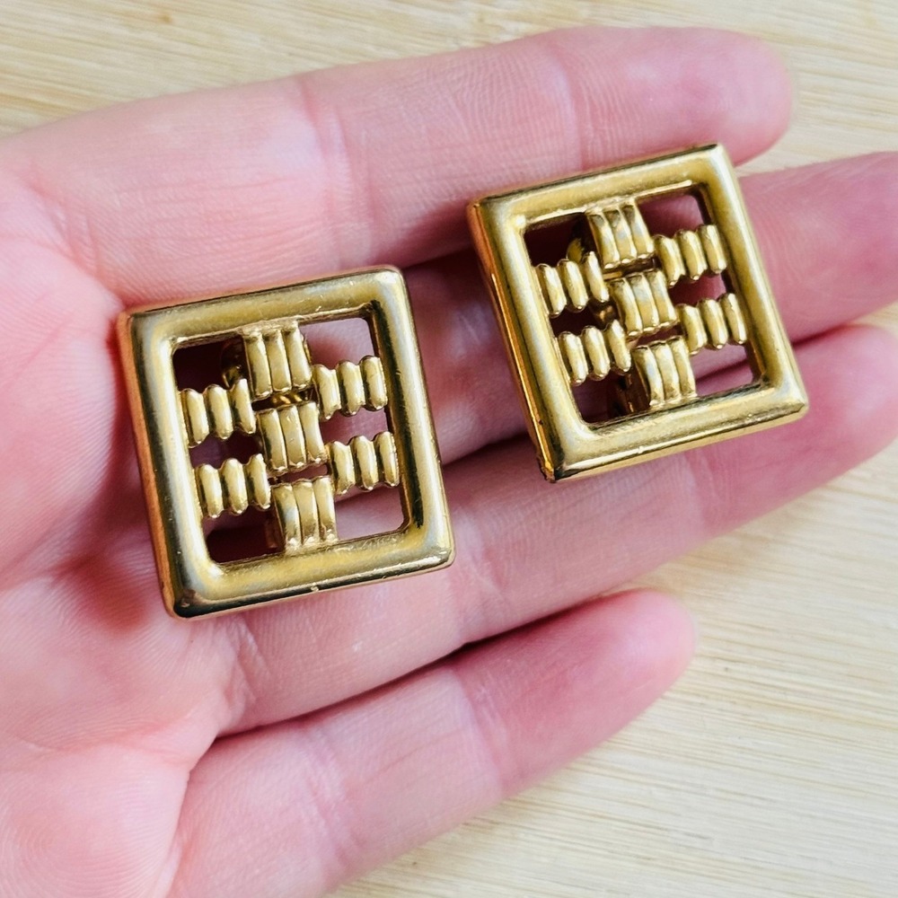 Monet‎ Earrings VTG Clip Signed Dangle Gold Plated Rare McM Retro Square chunky
